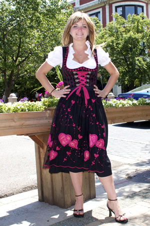 Black Dirndl with hot pink stripes outstanding is the chiffon black apron 