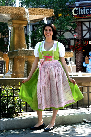 Green and white dirndl with pink apron