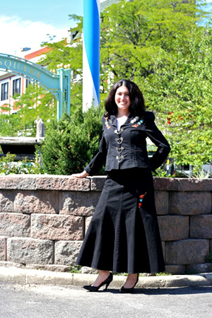 Black trachen jacket with skirt and blouse